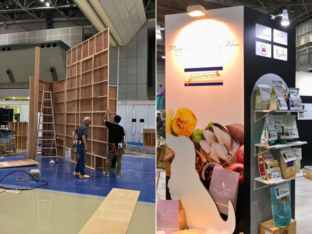 展示会デザイン会社と施工会社による展示会ブースの施工風景と完成ブース