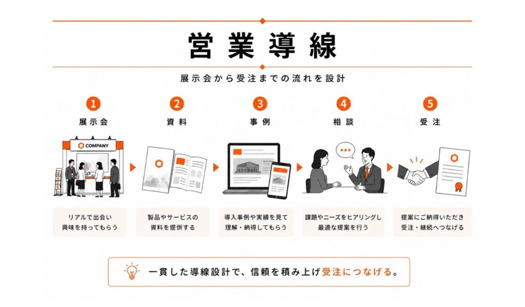 営業導線
①展示会
リアルで出会い興味を持ってもらう
②資料
製品やサービスの思慮を提供する
③事例
導入事例や実績を見て理解・納得してもらう
④相談
課題やニーズをヒアリングし最適な提案を行う
⑤受注
提案にご納得いただき受注・継続へつなげる